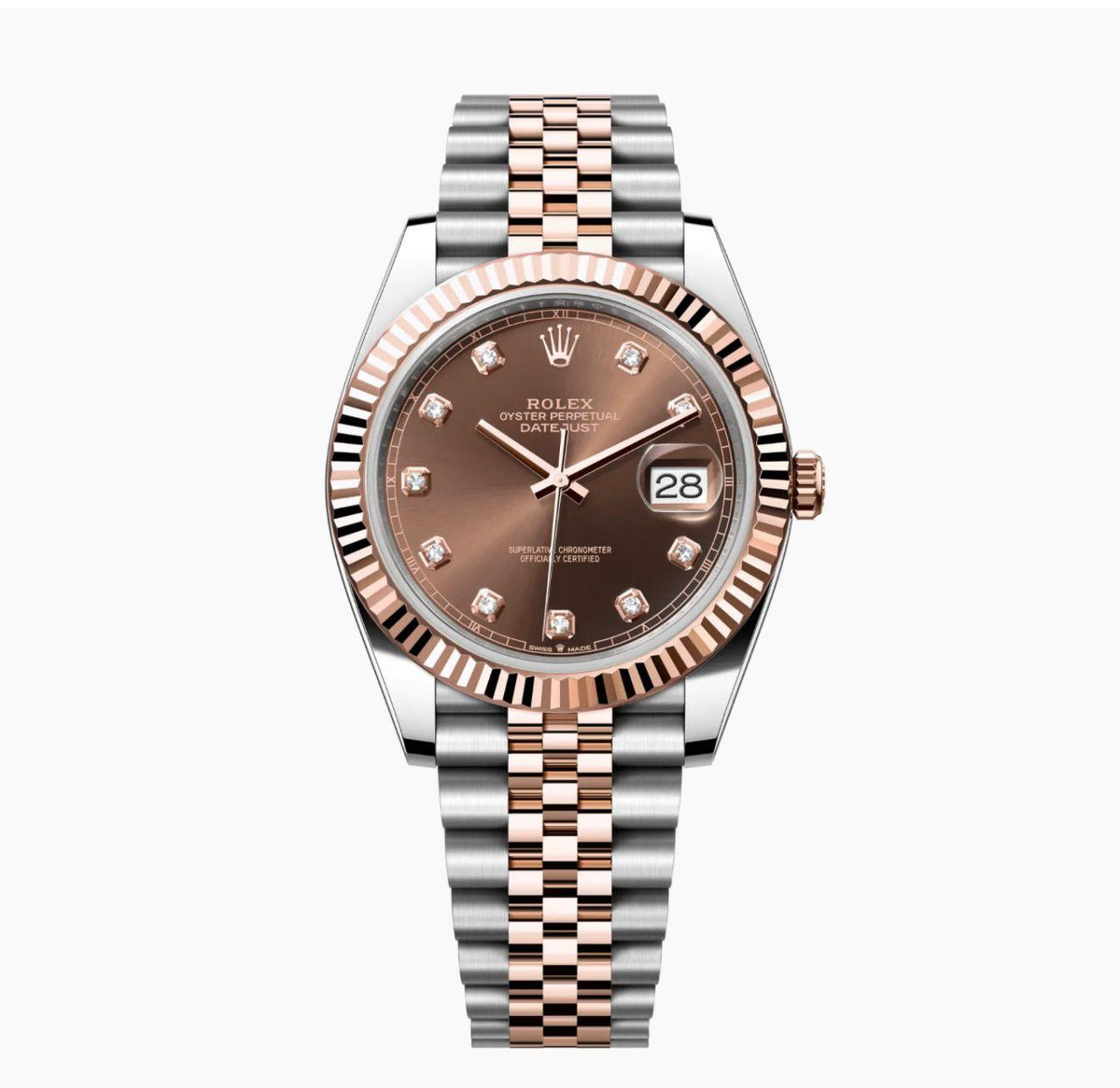 Rolex Datejust 41 in Everose Rolesor with a diamond-set brown dial and a Jubilee bracelet