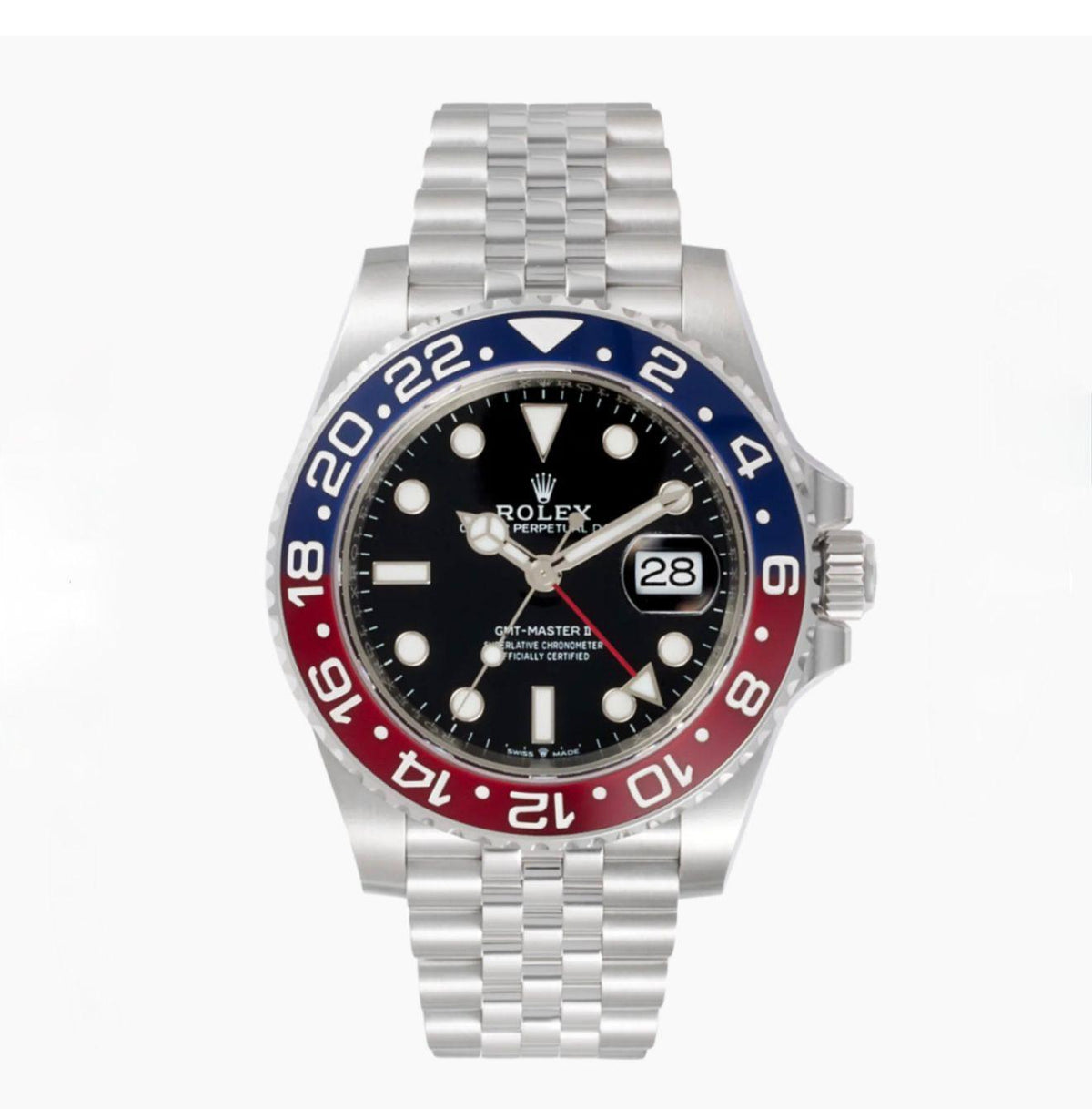 שעון Rolex GMT-Master II פפסי עם מסגרת כחול-אדום, לוח שחור וצמיד Jubilee