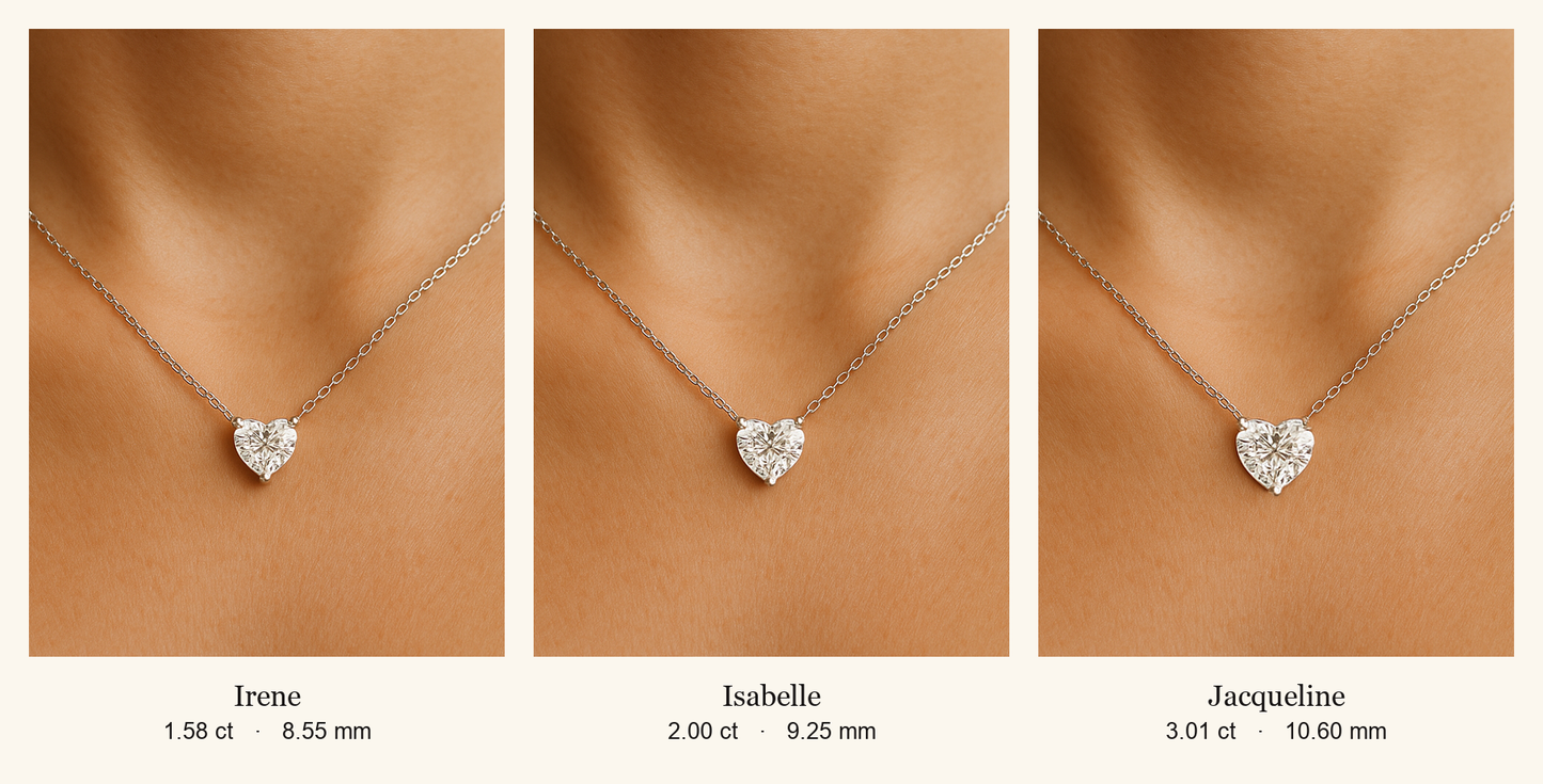 Size comparison on the neck — the Irene 1.58 ct, Isabelle 2.00 ct and Jacqueline 3.01 ct heart necklaces
