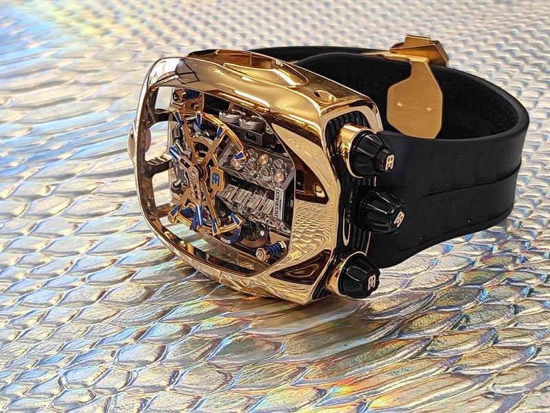 שעון Jacob & Co Bugatti Chiron Tourbillon, מבט אלכסוני על המנגנון והטורבילון