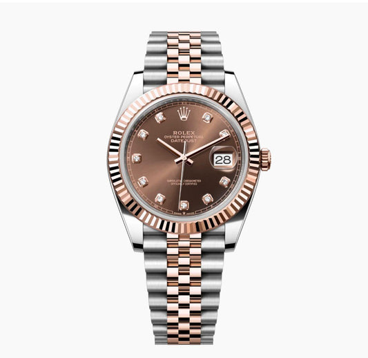 Rolex Datejust 41 in Everose Rolesor with a diamond-set brown dial and a Jubilee bracelet