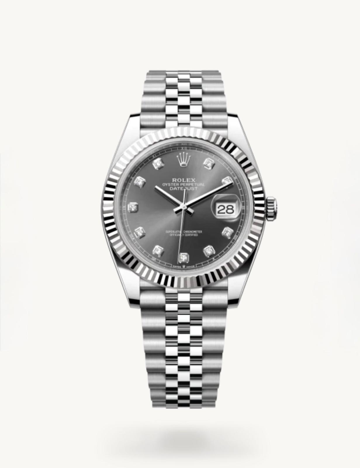 שעון Rolex Datejust 41 עם לוח רודיום אפור משובץ יהלומים, מסגרת מחורצת וצמיד Jubilee