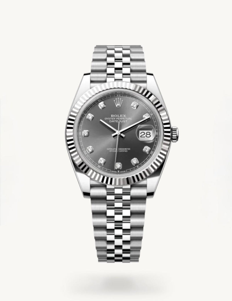 שעון Rolex Datejust 41 עם לוח רודיום אפור משובץ יהלומים, מסגרת מחורצת וצמיד Jubilee