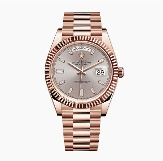 Rolex Day-Date 36 in rose gold with a pink-hued dial and a President bracelet
