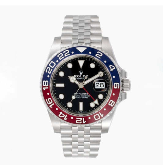 שעון Rolex GMT-Master II פפסי עם מסגרת כחול-אדום, לוח שחור וצמיד Jubilee